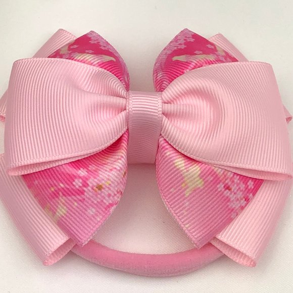 🎀HANDMADE(MTO)🎀 - Multiple Layers Hair Elastic Bows - Pink Floral Printed Ribbon - Picture 2 of 8